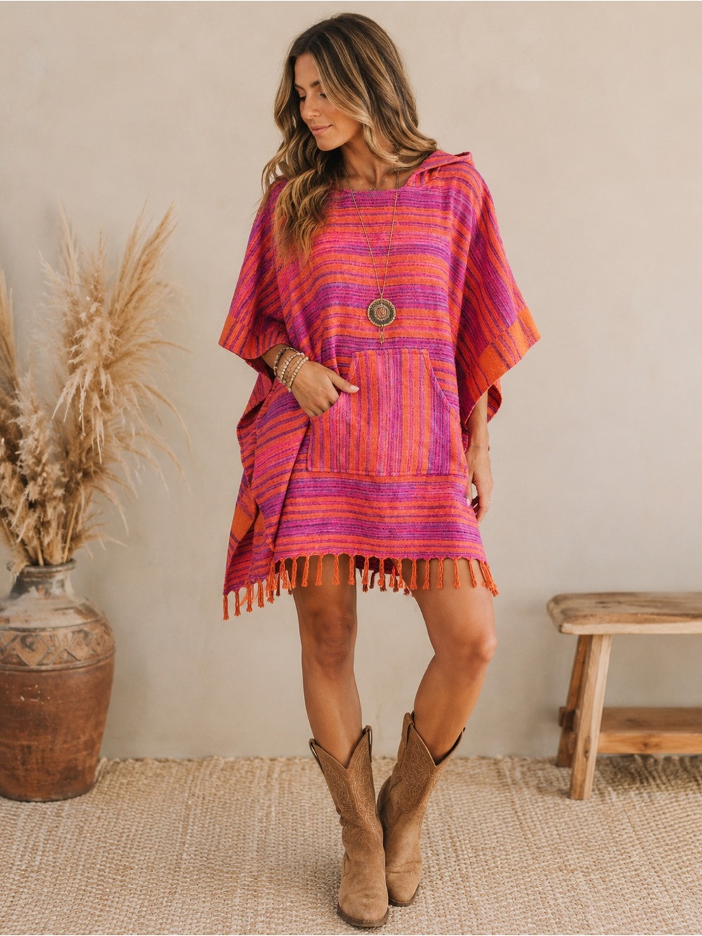 Yuro Promo • Wool Blend Striped Hooded Poncho